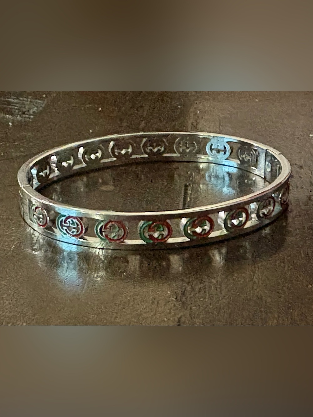 Silver-Tone Gucci GG Women's Bangle Bracelet with Red and Green Accents
